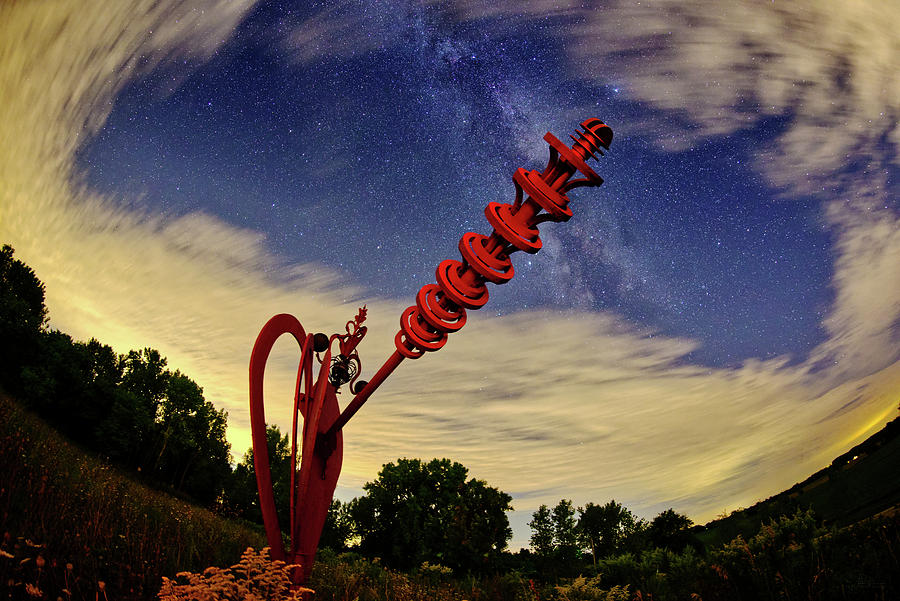 Cosmic Ray Gun #2- Space Portal - Red Sculpture on hilltop with summer milky way Photograph by Peter Herman