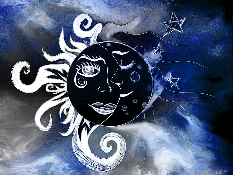 Cosmic Sun And Moon Lovers Drawing By Abstract Angel Artist Stephen K