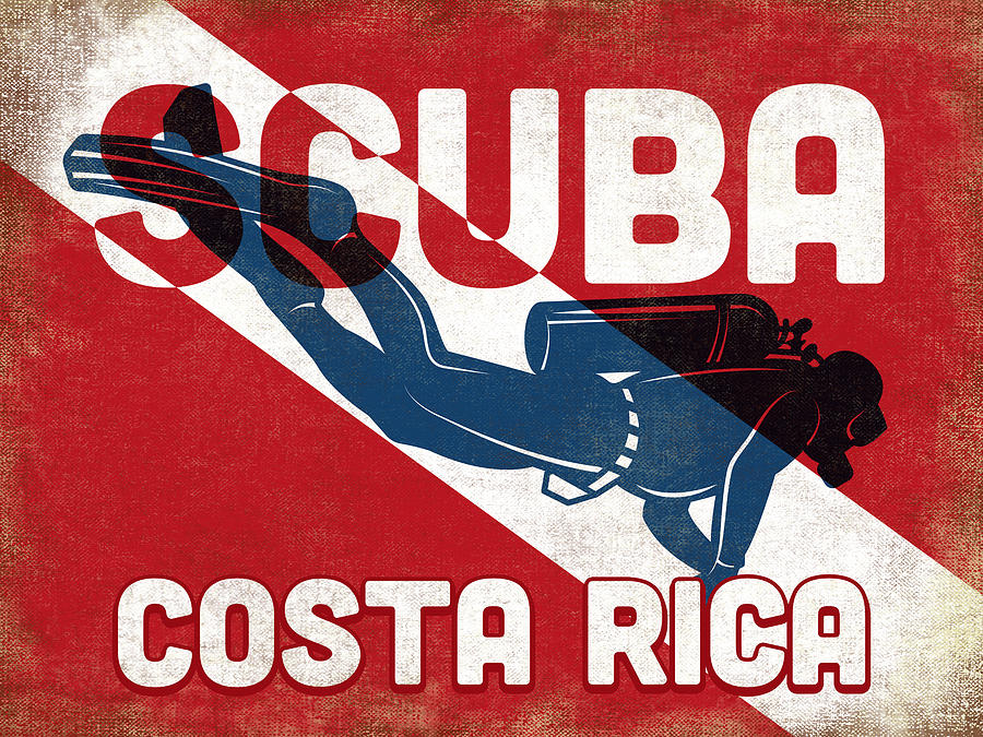 Costa Rica Digital Art - Costa Rica Scuba Diver - Blue Retro by Flo Karp