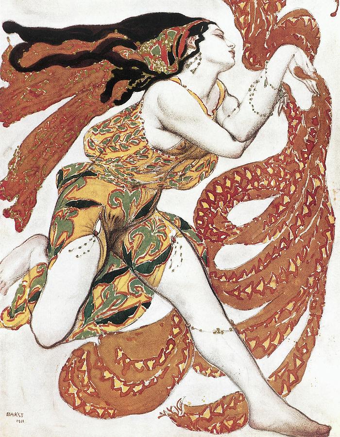 Costume sketch for a Bacchante, from the ballet andquot, Narcissusandquot. Painting by Leon Bakst
