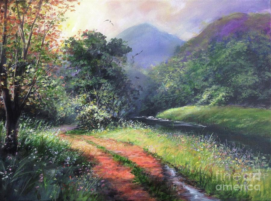 Cotswolds Lane After the rain  Painting by Lizzy Forrester