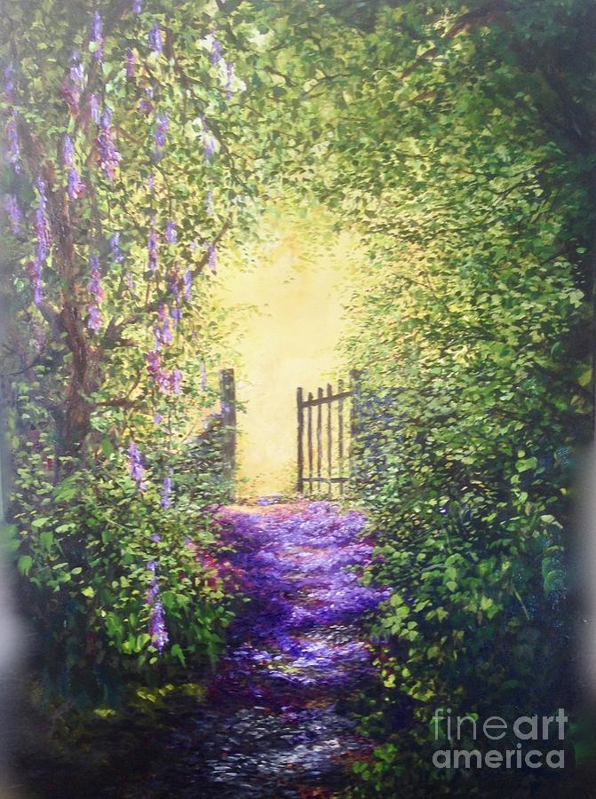 Tree Painting - Cotswolds Pathway of Petals to an open Gate and into the sunshine beyong  by Lizzy Forrester