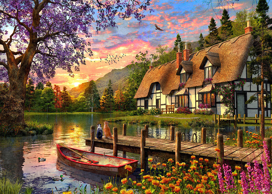 Cottage Evening Sunset (variant 1) Painting by MGL Meiklejohn Graphics Licensing