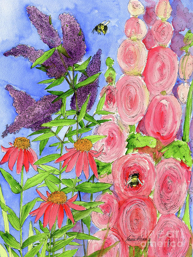 Cottage Garden Hollyhock Bees Blue Skie Painting by Laurie Rohner