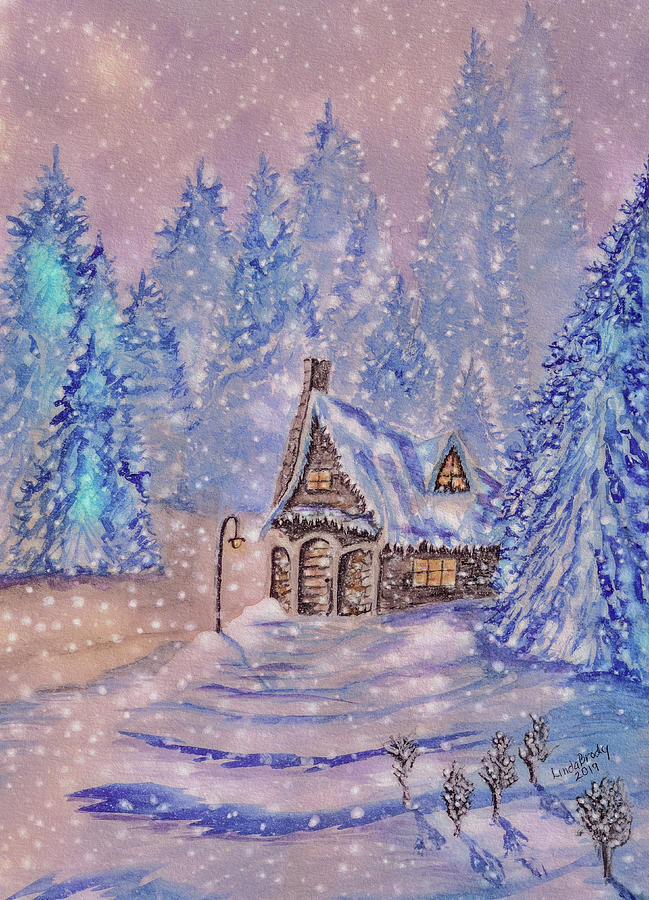 Cottage in a Snowstorm at Dusk Abstract 1  Mixed Media by Linda Brody