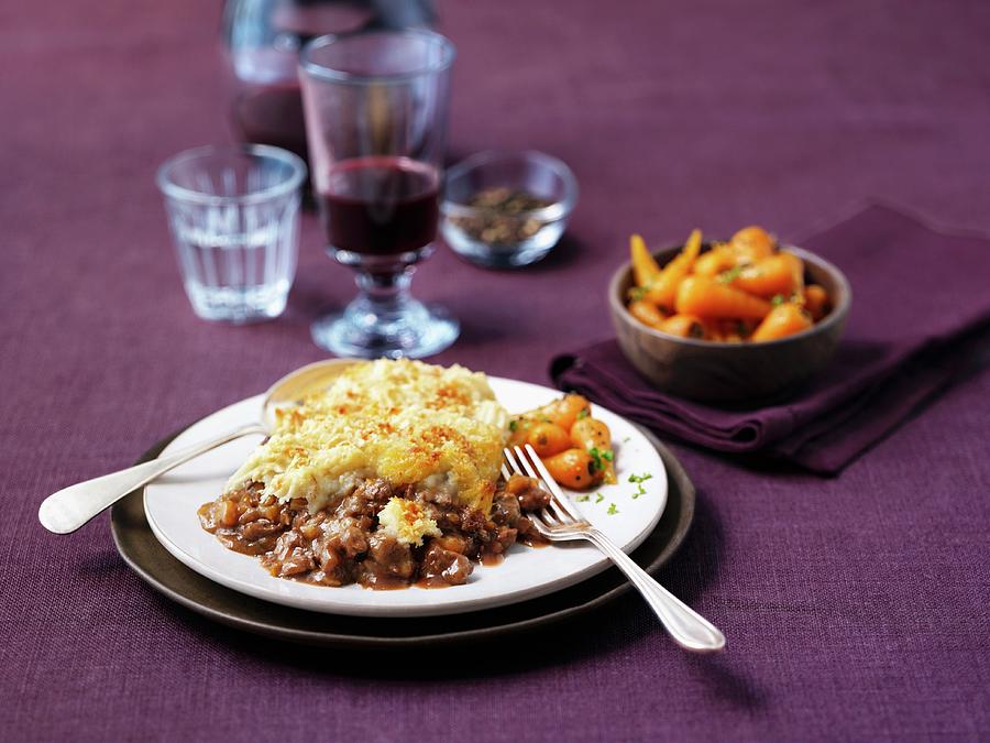 Cottage Pie With Roast Baby Carrots england Photograph by Frank Adam