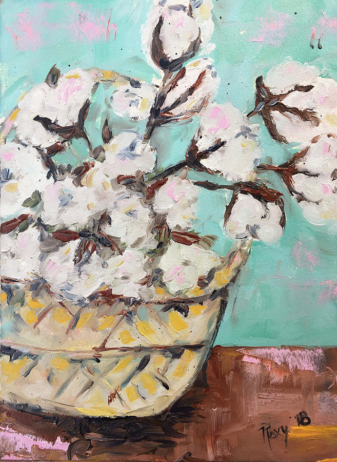 Cotton in a Basket Painting by Roxy Rich