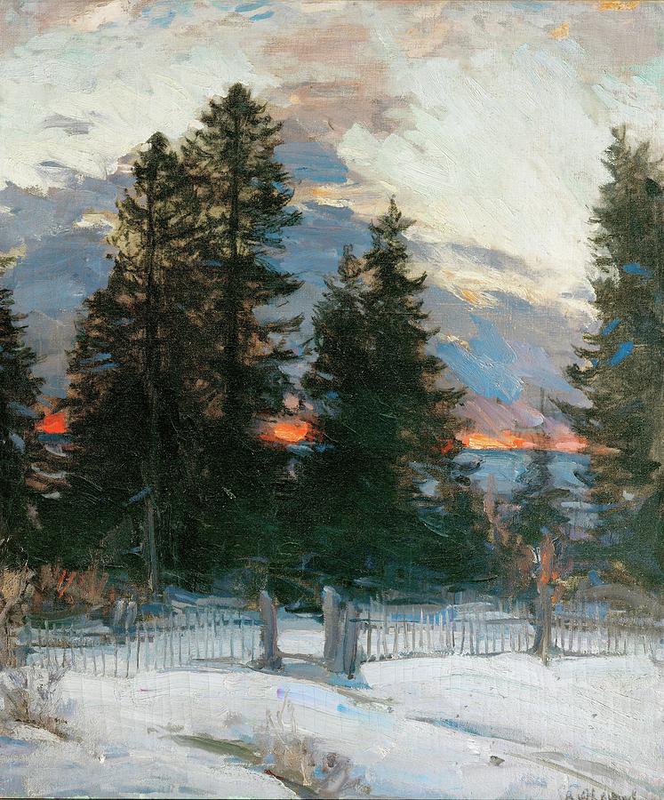 Coucher de soleil sur un paysage dhiver, 1902 Sunset in a winter landscape. Canvas. Painting by Abram Jefimovich Arkhipov