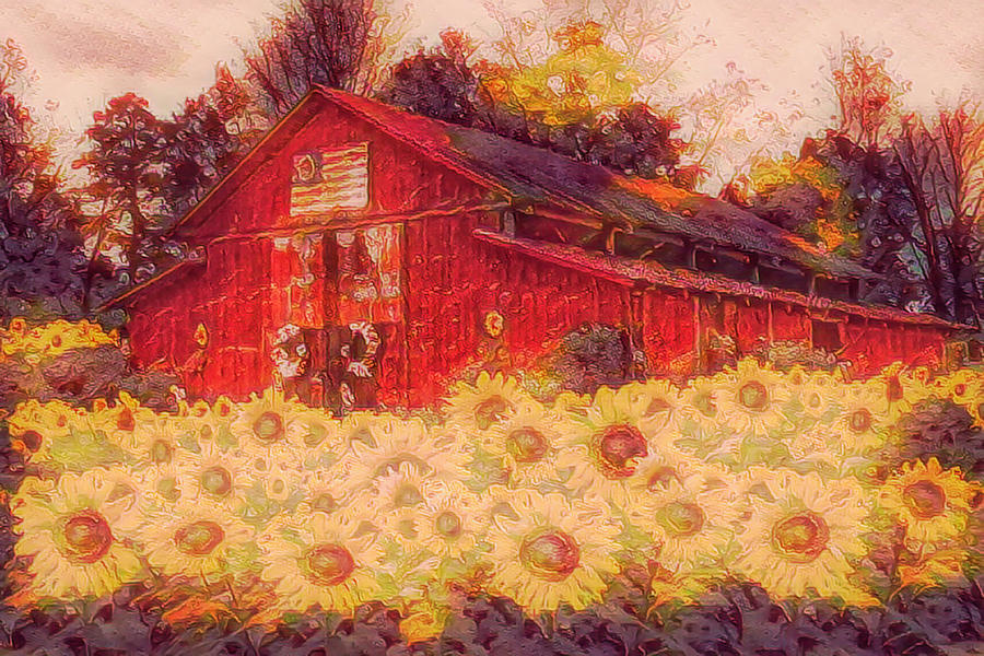 Country Barn in Autumn Sunflowers Painting Photograph by Debra and Dave Vanderlaan