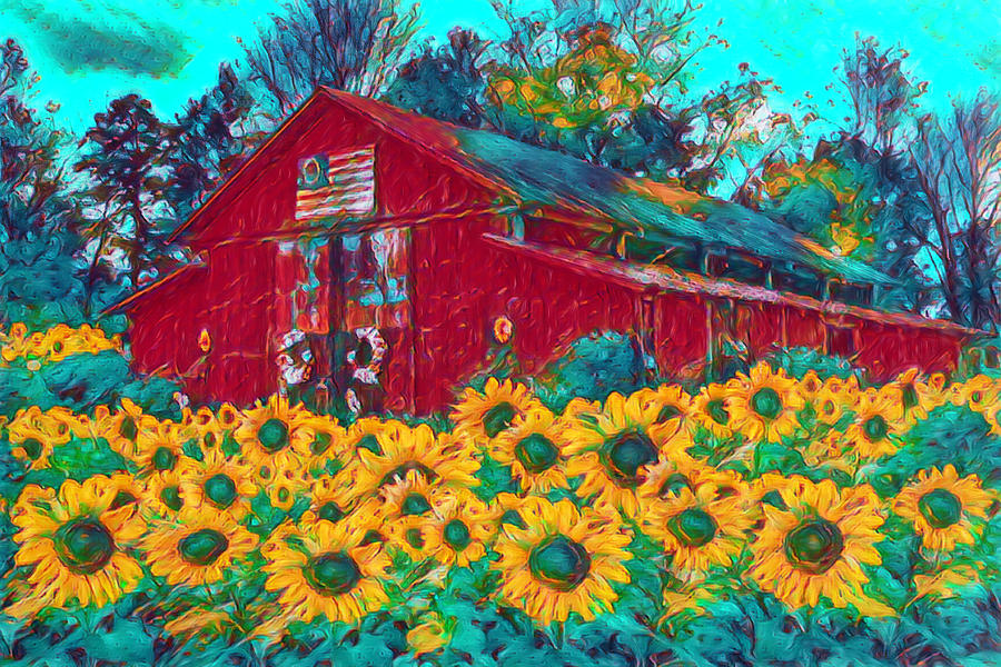Country Barn in Sunflowers Watercolor Painting Photograph by Debra and Dave Vanderlaan