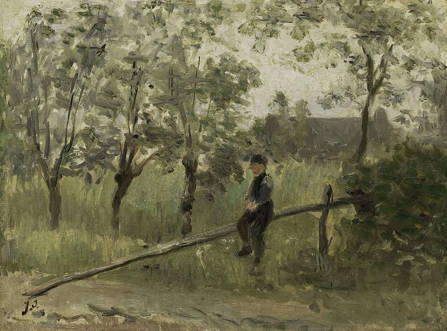 Country Boy on a Pole Barrier. Painting by Joseph Israels -1824-1911-