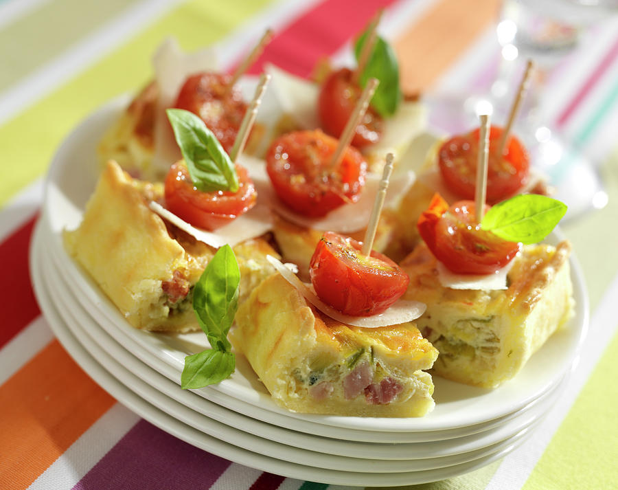 Country Quiche, Parmesan Flake,cherry Tomato And Basil Appetizers Photograph by Bertram