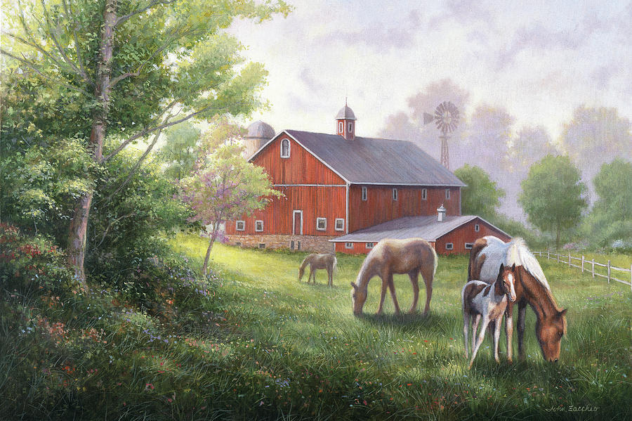 Country Road W/ Horses/barn Painting by John Zaccheo
