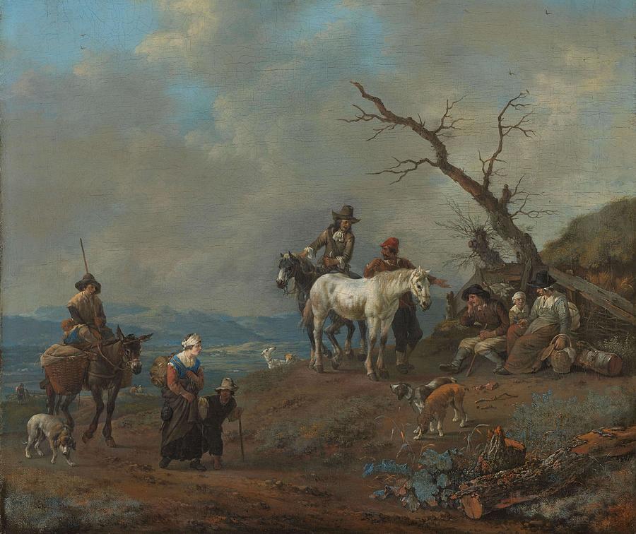 Country Road with Hunter and Peasants. Painting by Johannes Lingelbach
