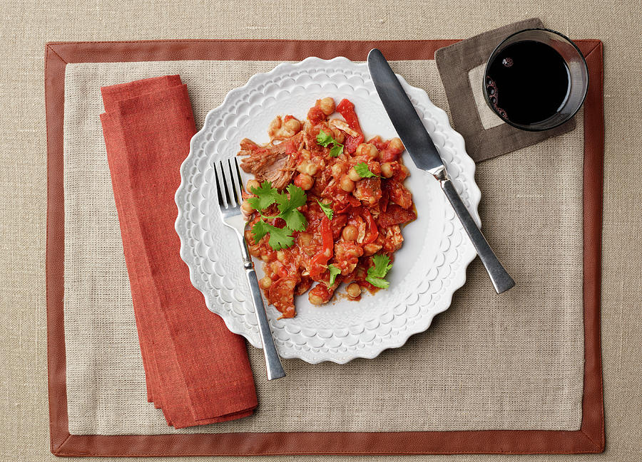 Country Style Pork Ribs With Chorizo Tomato Sauce Overhead With Glass Of Wine Photograph by Rene Comet