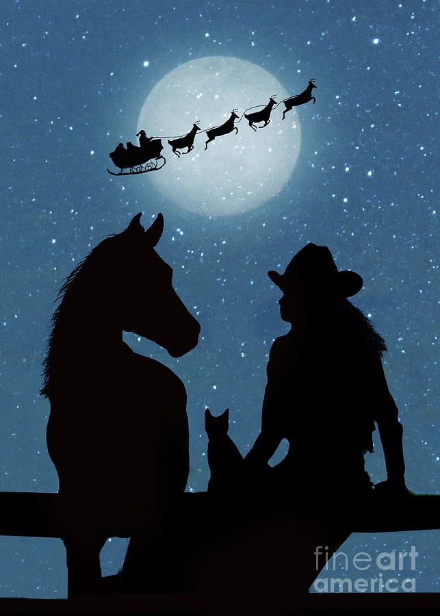 Country Western Cowgirl and Horse and Cat with Santa Reindeer and Sleigh Holiday Christmas Scene Photograph by Stephanie Laird