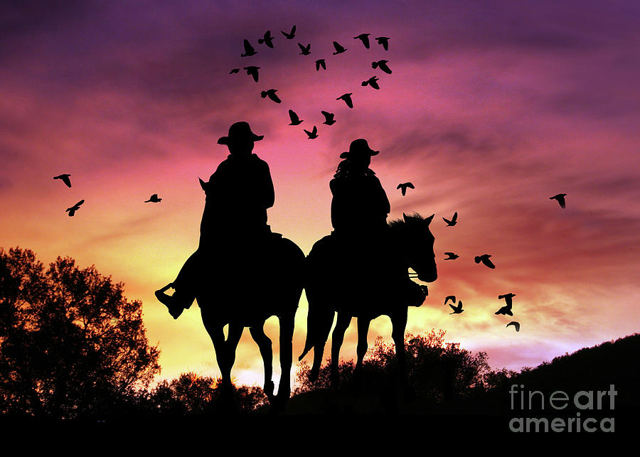 Country Western Valentines Day Cowboy and Cowgirl with Birds Romantic Sunset Ride Photograph by Stephanie Laird