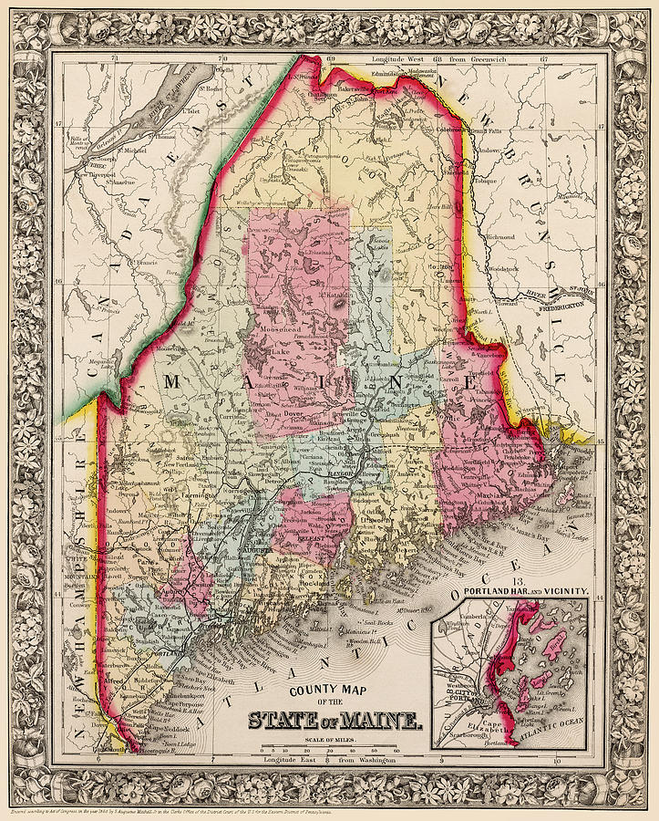 County Map of Maine 1863 Photograph by Phil Cardamone