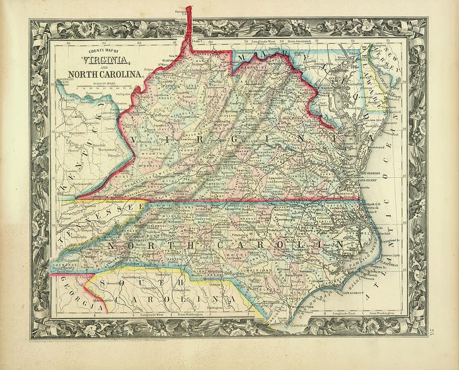 County Map Of Virginia And North Carolina 1860 Drawing by History ...