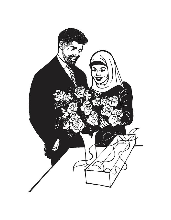 Black And White Drawing - Couple and Bouquet of Flowers by CSA Images