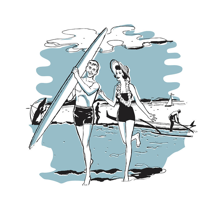 Sports Drawing - Couple at Hawaiian Beach with Surfboard by CSA Images