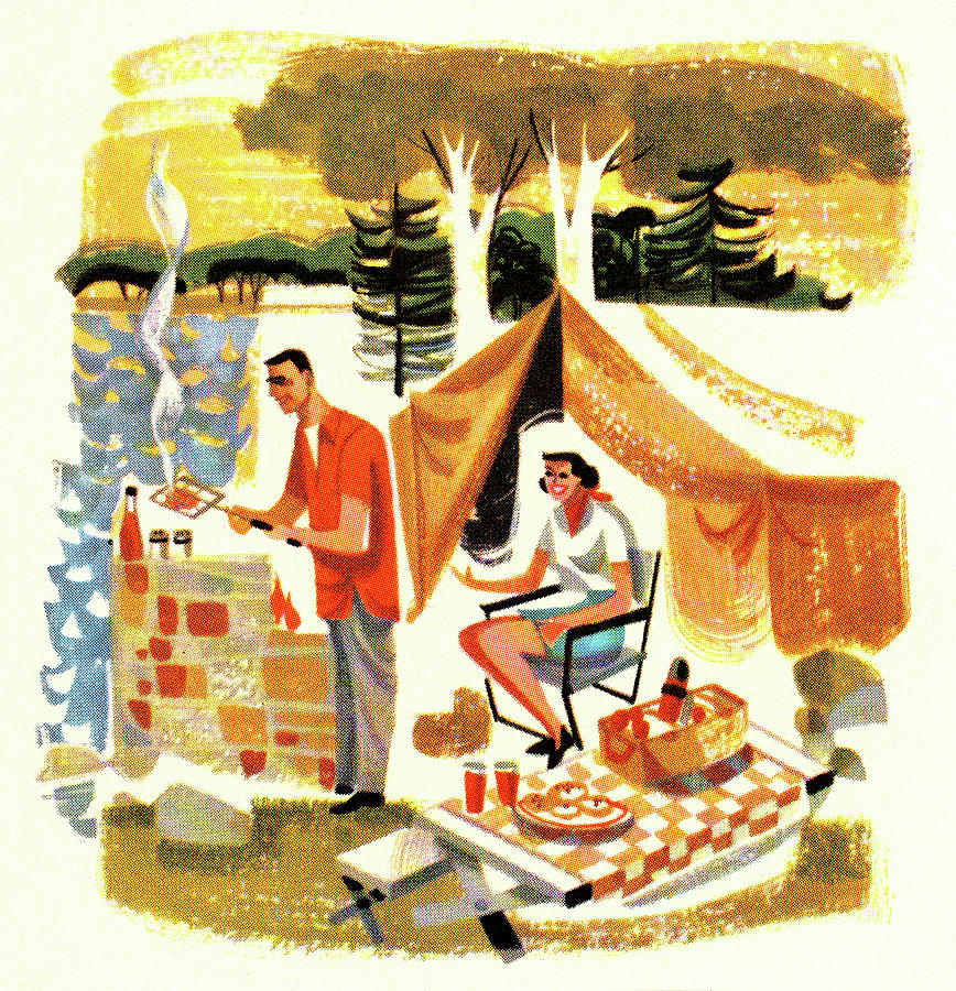 Nature Drawing - Couple Camping and Cooking by CSA Images