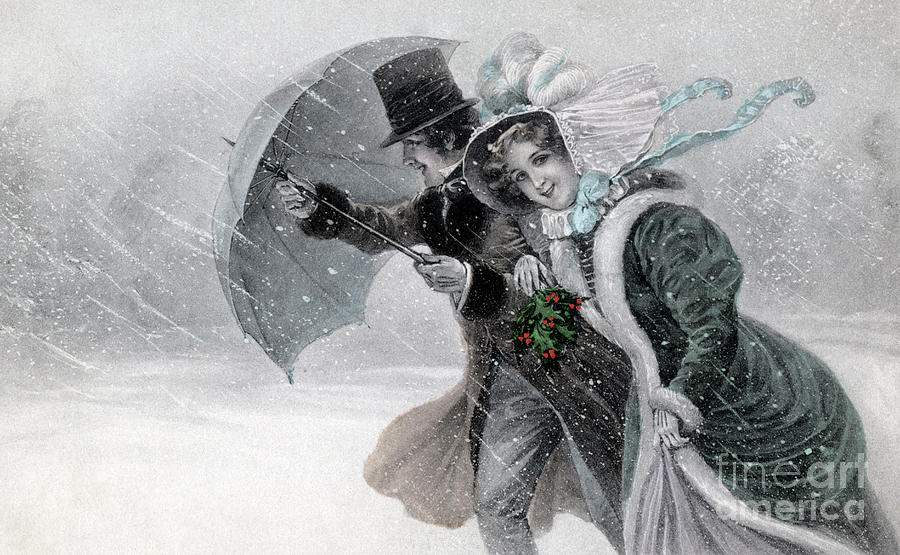 Couple in a snow storm with umbrella Painting by Raimund Wichera