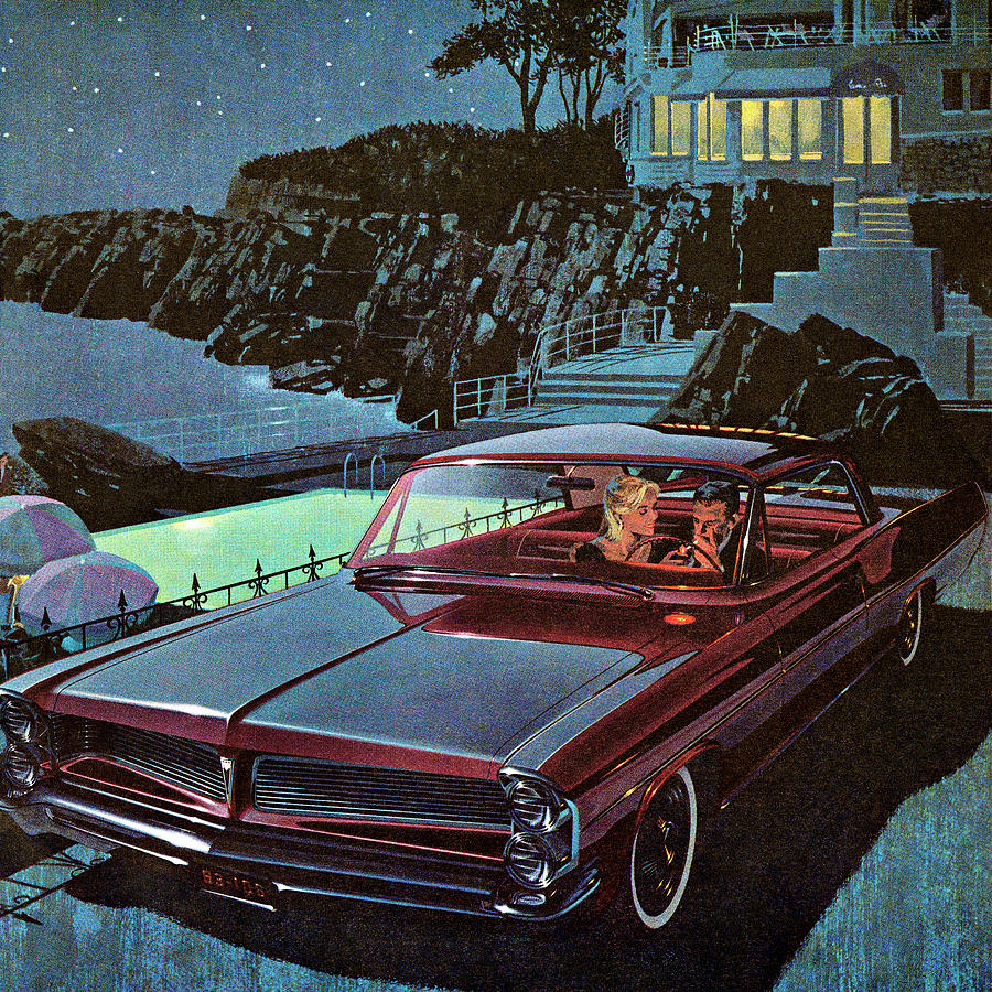 Transportation Drawing - Couple in Burgandy Vintage Car at Night by CSA Images