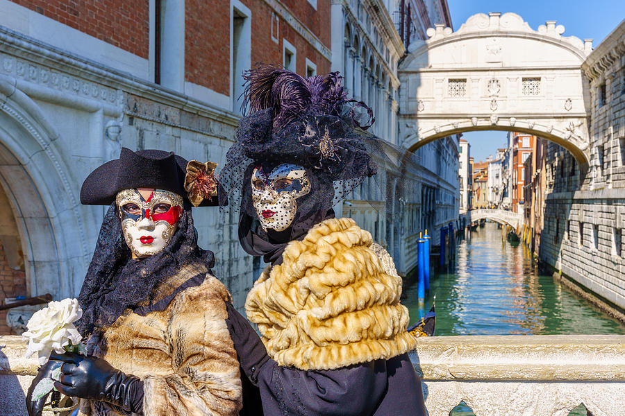 Couple In Traditional Costumes, Bridge Of Sighs, Venice Mask Carnival Photograph by Ran Dembo