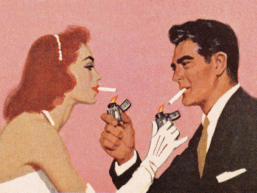 Vintage Drawing - Couple Lighting Each Others Cigarette by CSA Images