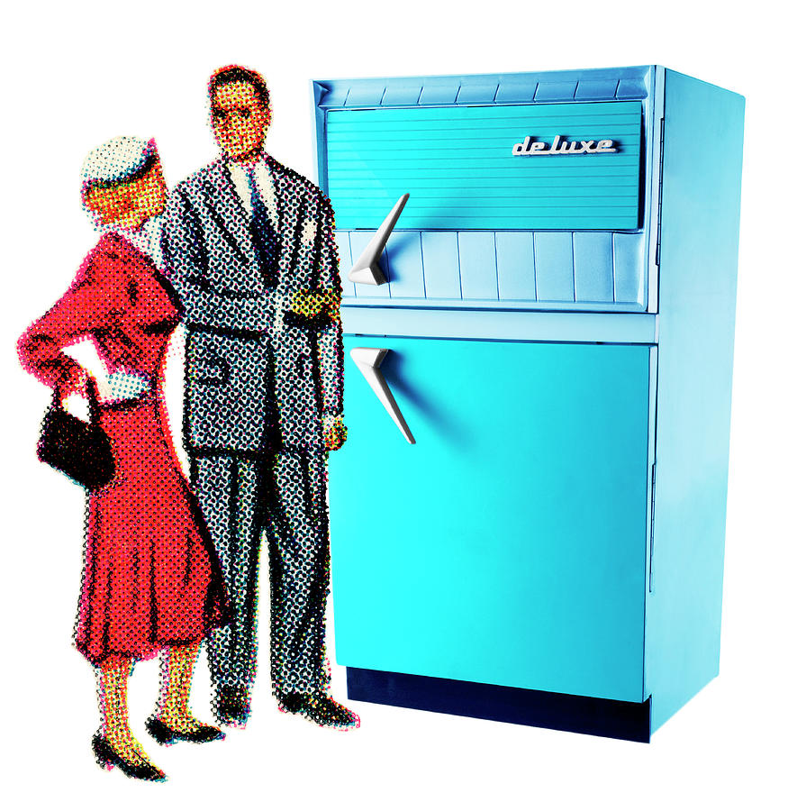 Vintage Drawing - Couple Looking at Refrigerator by CSA Images
