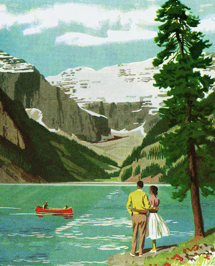 Sports Drawing - Couple Looking Out Onto a Mountain Lake by CSA Images