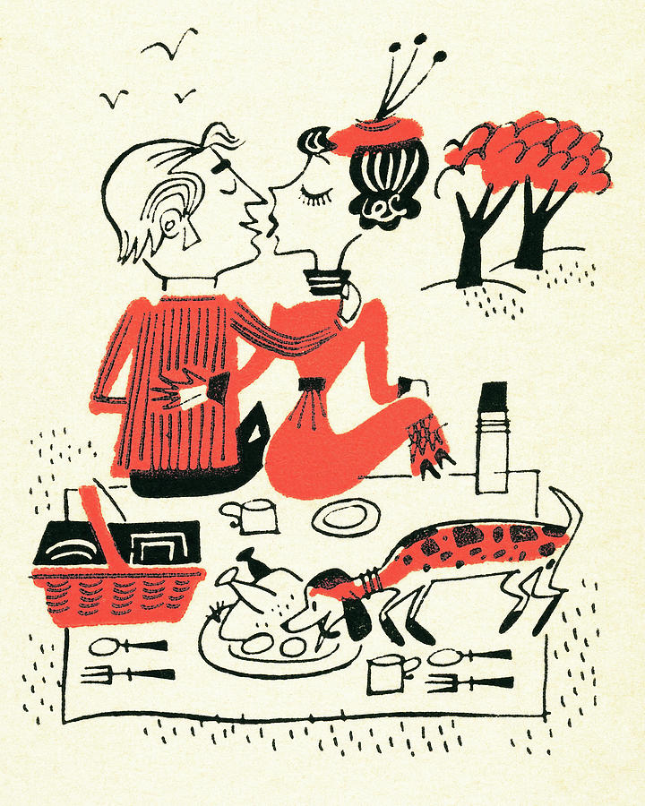Summer Drawing - Couple on a Picnic with Dog Eating Food by CSA Images