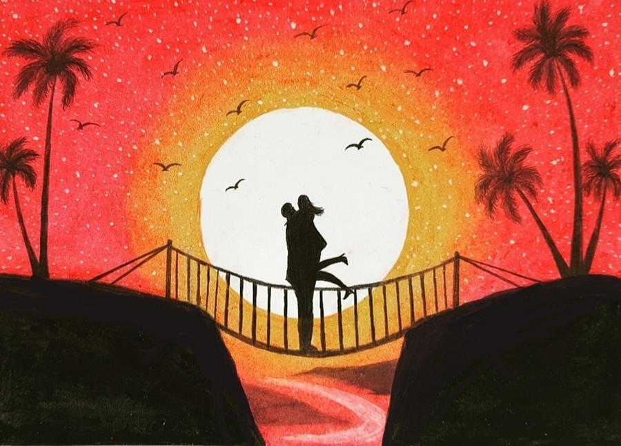 Couple On Bridge Scenery Drawing By Sedra Mostafa Fine Art America