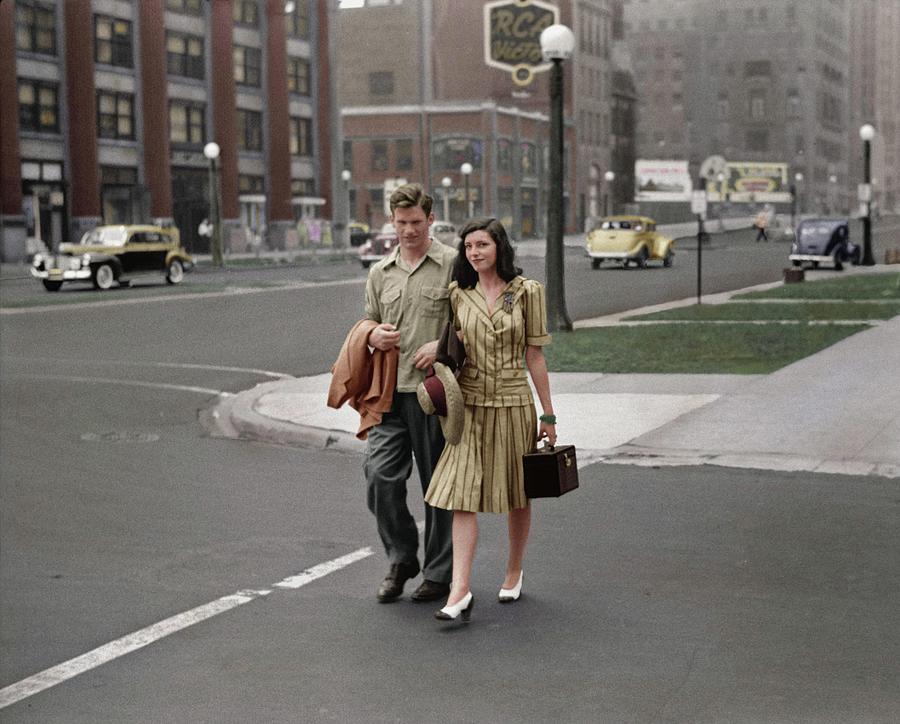Couple On Michigan Ave  Chicago, July 1941  Colorized By Ahmet Asar Painting