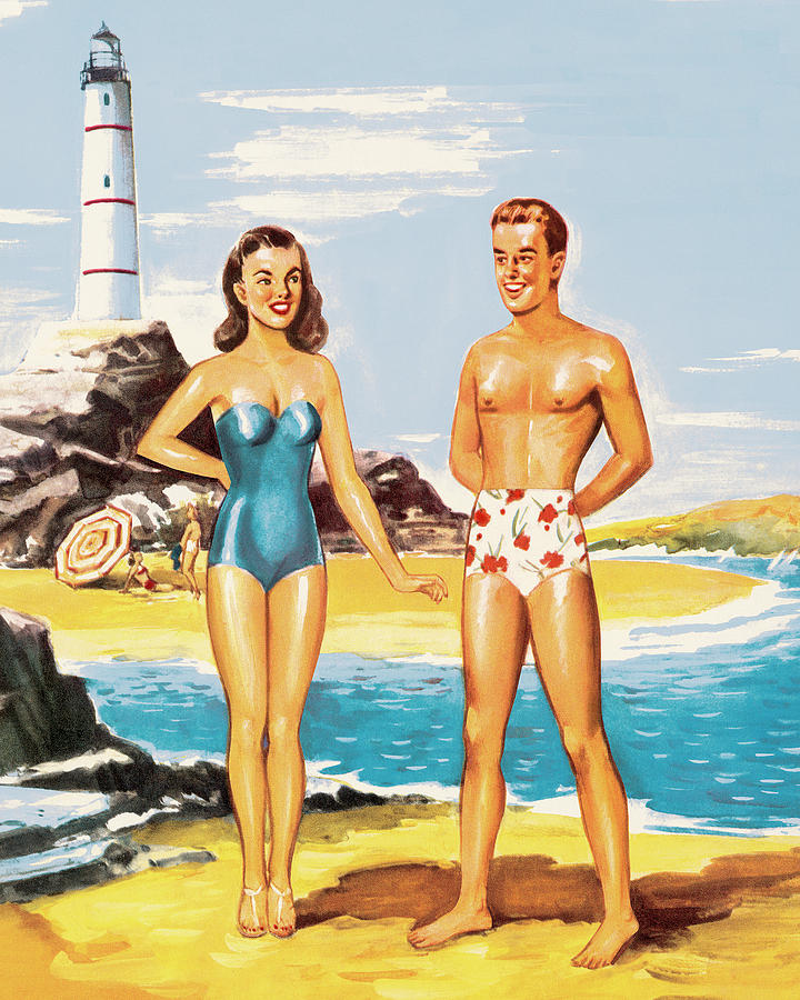 Summer Drawing - Couple on the Beach by a Lighthouse by CSA Images