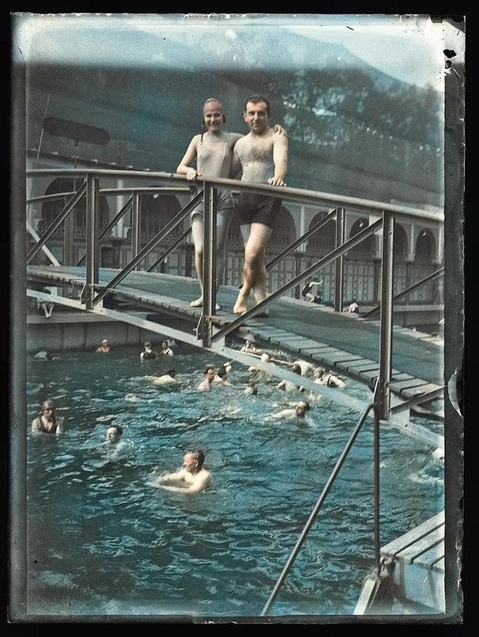 Couple Over The Bridge, France, Circa 1900s-1910s From Silver Dry Gelatin Negative Colorized By Ahme Painting