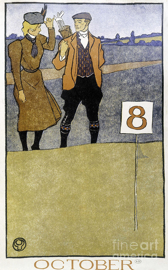 Couple Playing Golf - In “” Golf Calendar”” By Edward Penfield, Ed. 1899 Drawing by Edward Penfield