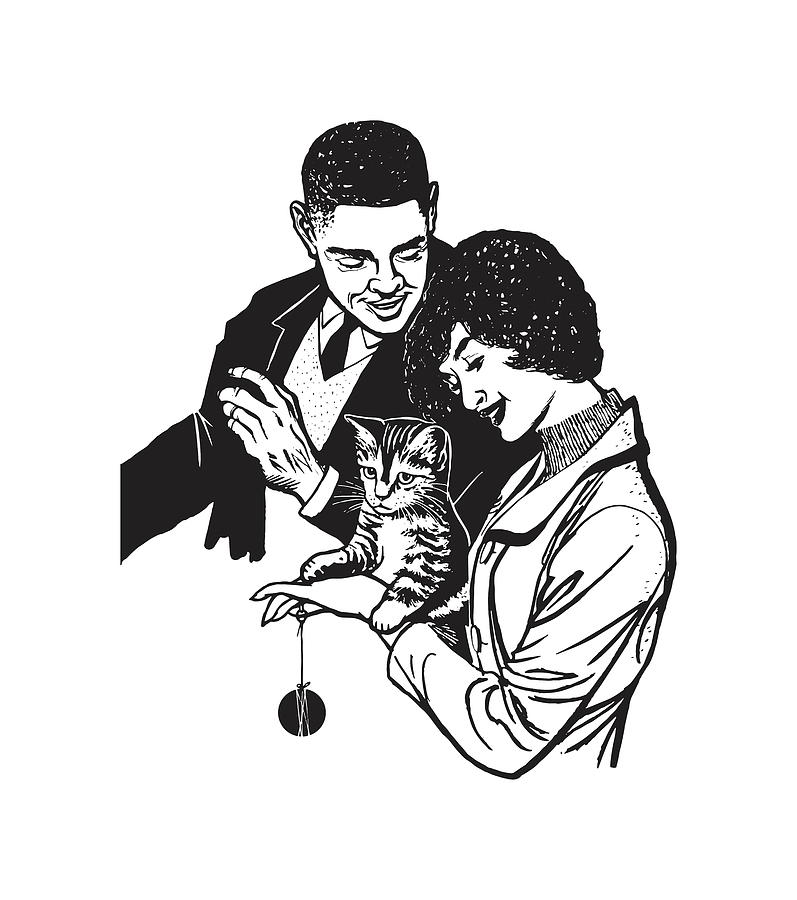 Black And White Drawing - Couple Playing with a Cat by CSA Images
