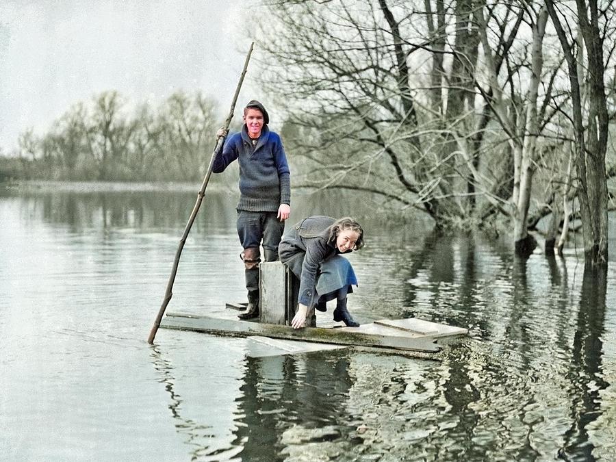 Couple Poles Through Flood Waters Of Makeshift Raft, 1936 By Leslie Jones Colorized By Ahmet Asar Painting