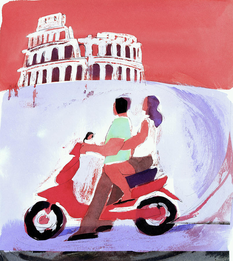 Couple Sightseeing On Motor Scooter Digital Art by Julie Delton