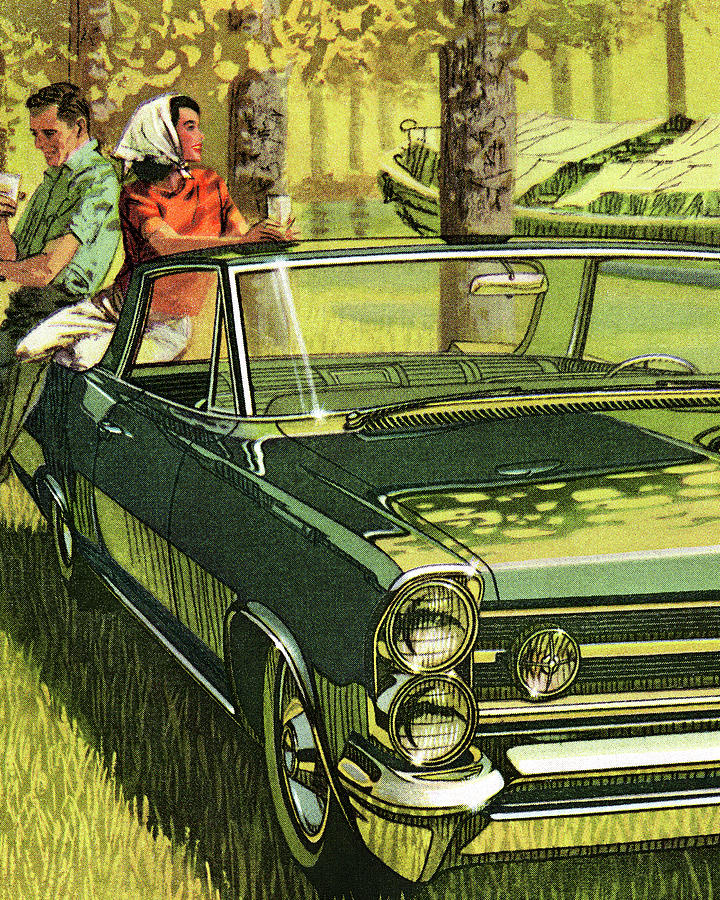 Nature Drawing - Couple Sitting on Vintage Green Car by CSA Images