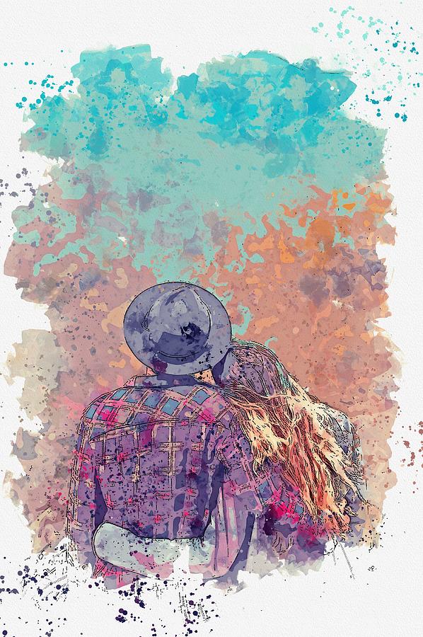 Couple Standing on Top of Hill -  watercolor by Adam Asar Painting by Celestial Images