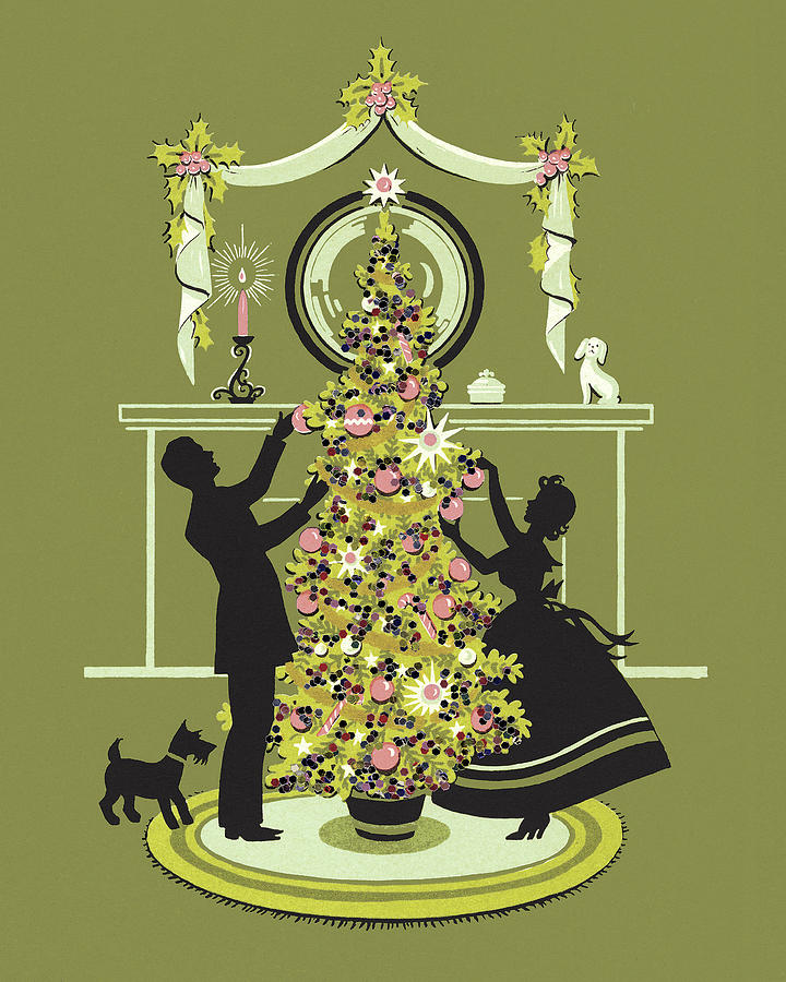 Christmas Drawing - Couple Trimming a Christmas Tree by CSA Images