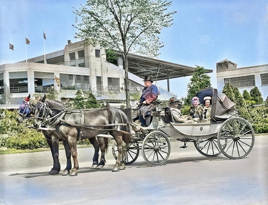 Couples Ride In Checker Livery Service Carriage, Near Suffolk Downs By Leslie Jones Colorized By Ahm Painting