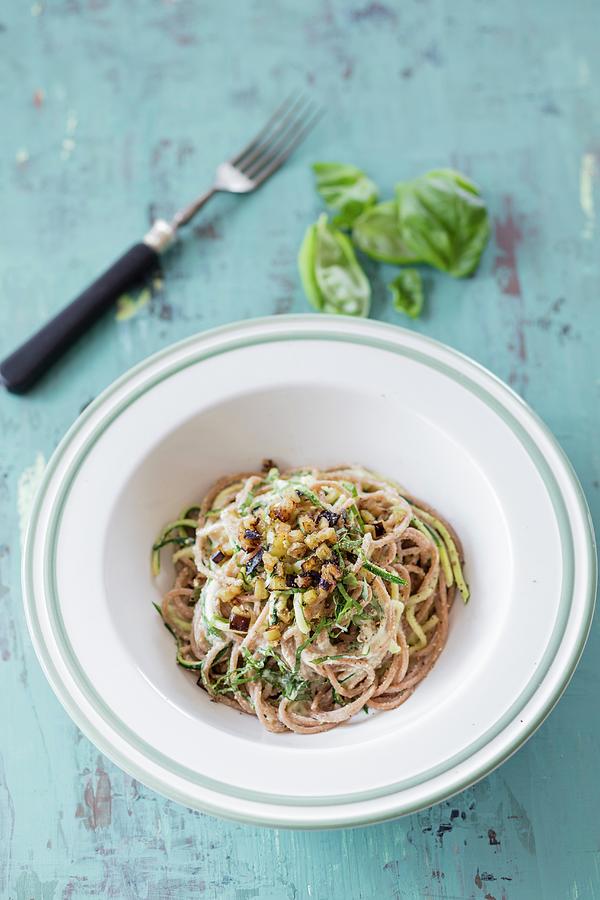 Courgette And Lupine Carbonara With Aubergine Bacon Photograph by Jan Wischnewski