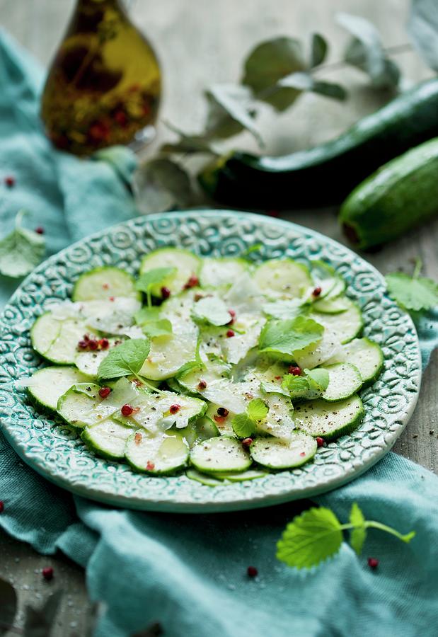 Courgette Carpaccio With Chilli Flakes And Herbs Photograph by Dorota Indycka