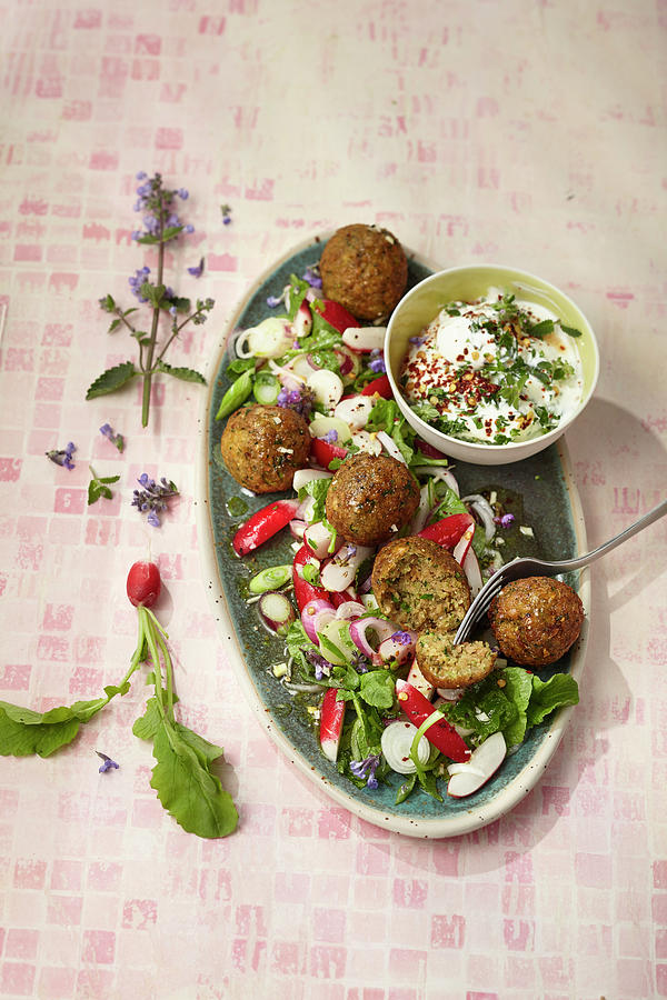 Courgette Falafel With Herb Yoghurt And Radish Salad Photograph by Ulrike Stockfood Studios / Holsten
