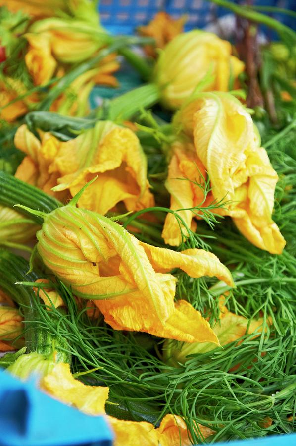 Courgette Flowers In A Basket Photograph by Tim Green