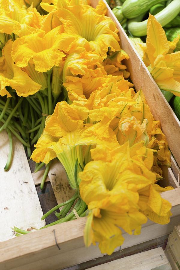 Courgette Flowers In A Wooden Crate At A Weekly Market On Corsica Photograph by Sabine Lscher